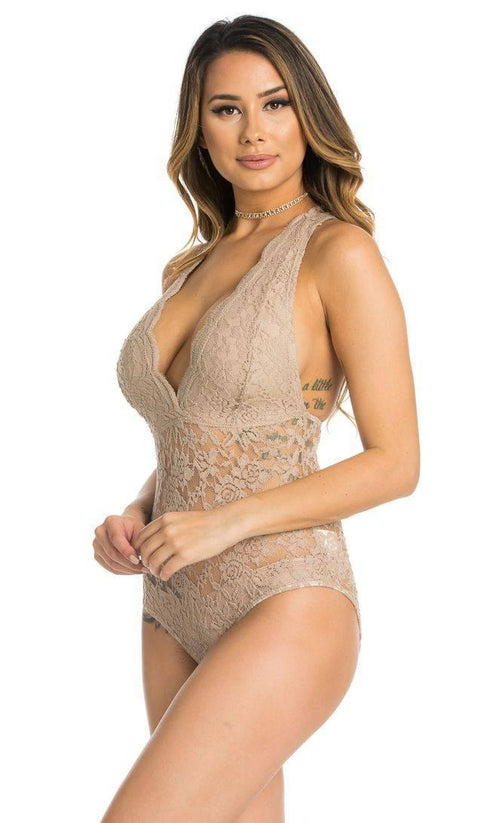 Beige Scalloped Floral Lace Bodysuit - SohoGirl.com